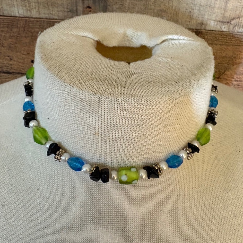 Handmade Beaded Choker Necklace Blue Green Glass Black Stone Toggle Clasp 16in
